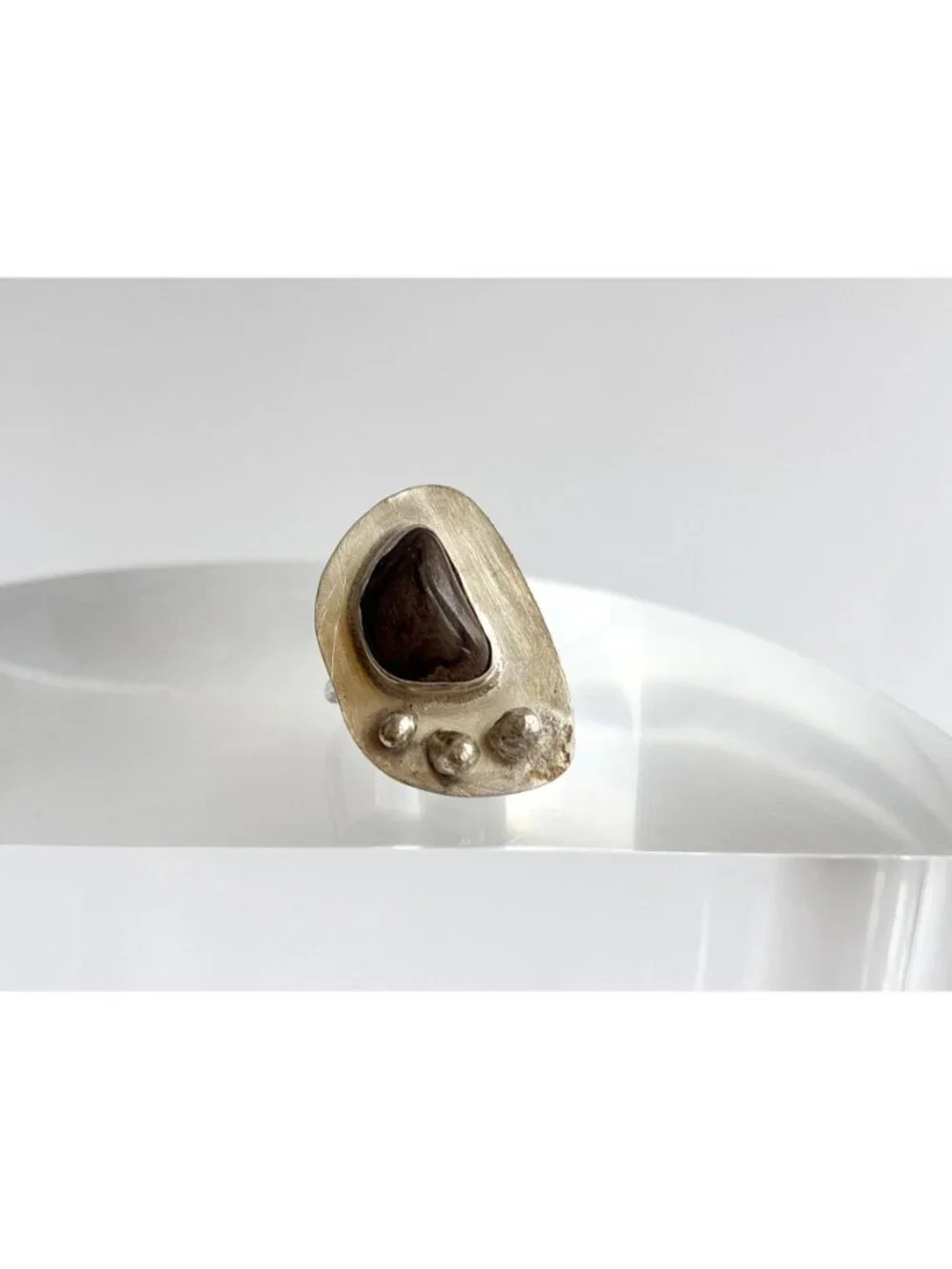 Modernist Freeform Brown Stone Beaded Sterling Silver 925 Vintage Ring - sz 5.25